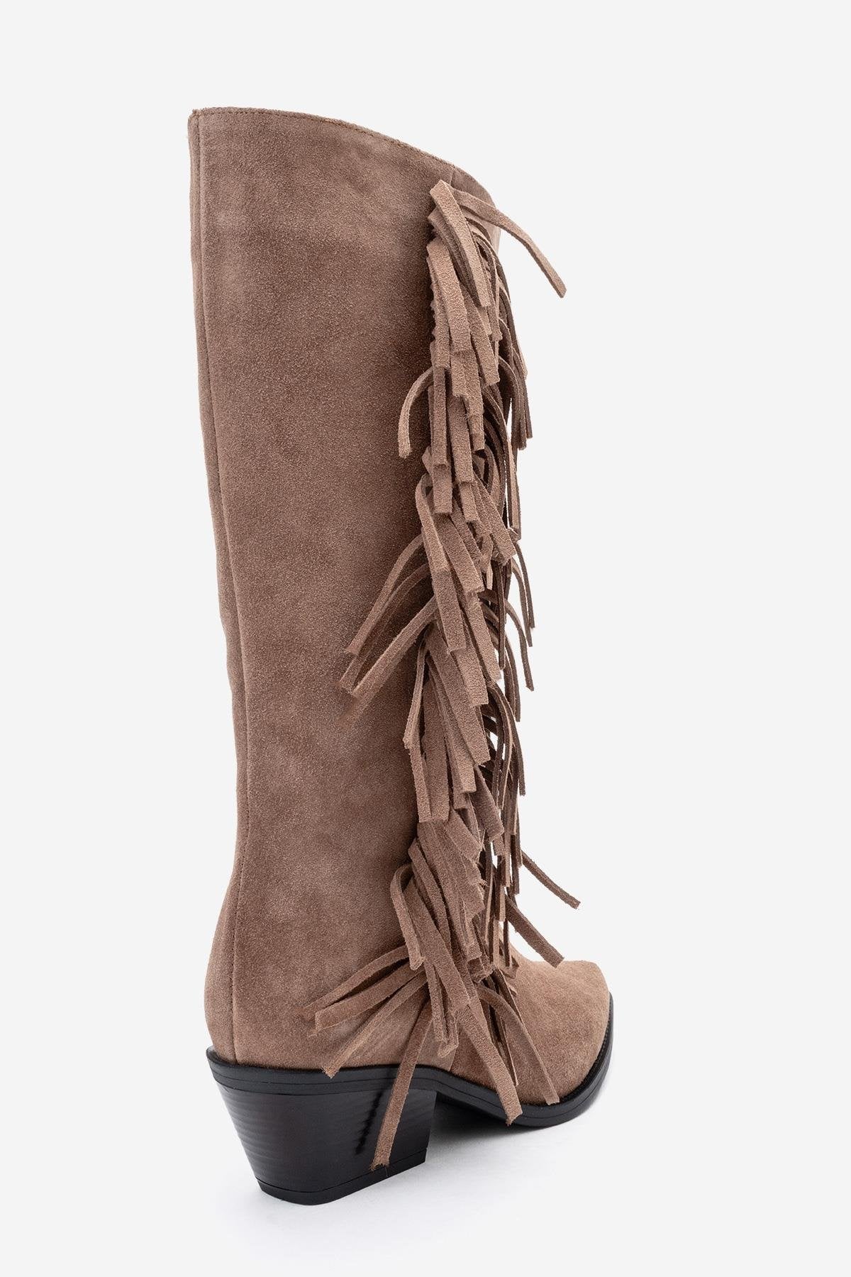 Orlo - Taupe Suede Genuine Leather Fringed Western Boot (Women)