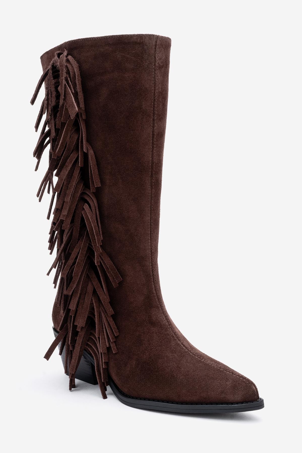 Orlo - Brown Suede Genuine Leather Fringed Western Boot (Women)