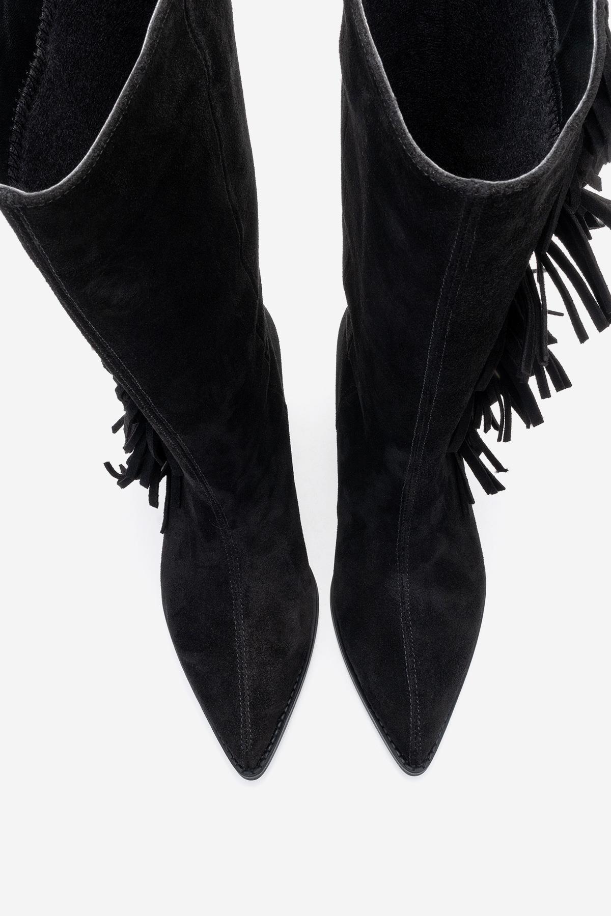 Orlo - Black Suede Genuine Leather Fringed Western Boot (Women)