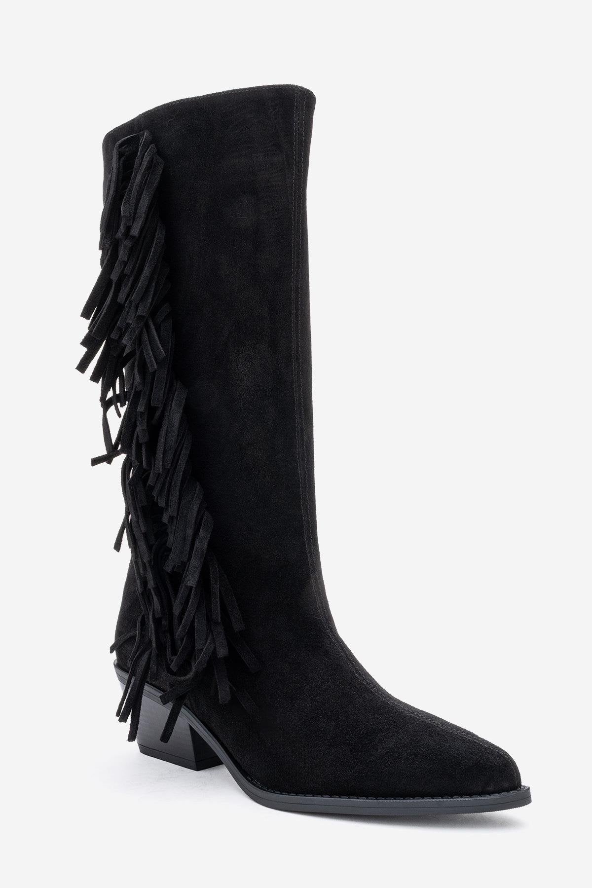 Orlo - Black Suede Genuine Leather Fringed Western Boot (Women)