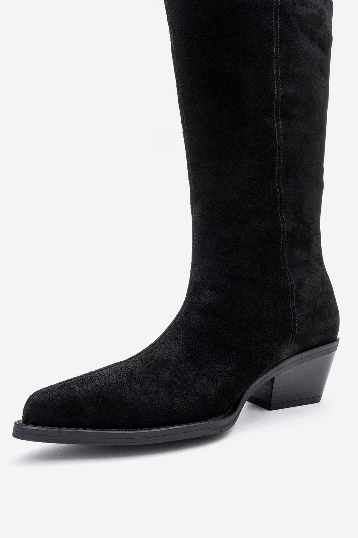 Orlo - Black Suede Genuine Leather Fringed Western Boot (Women)