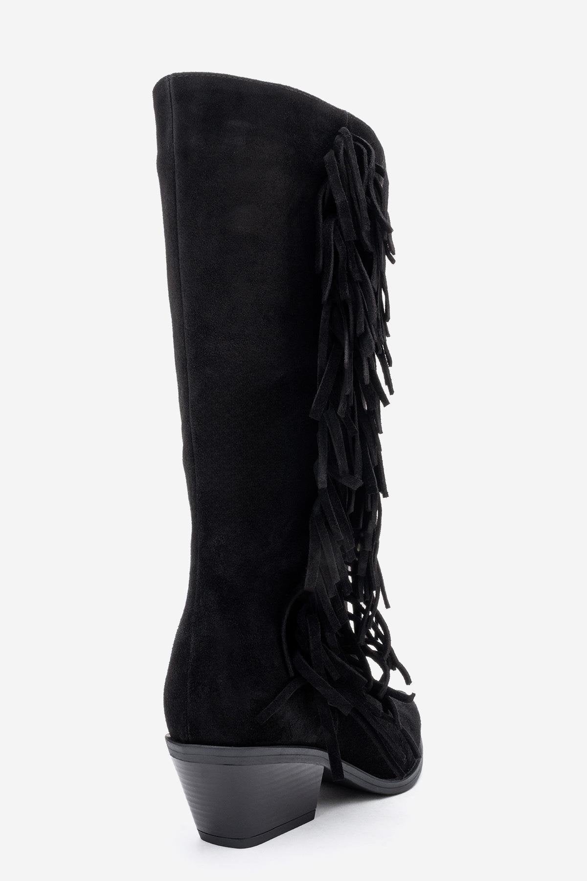Orlo - Black Suede Genuine Leather Fringed Western Boot (Women)