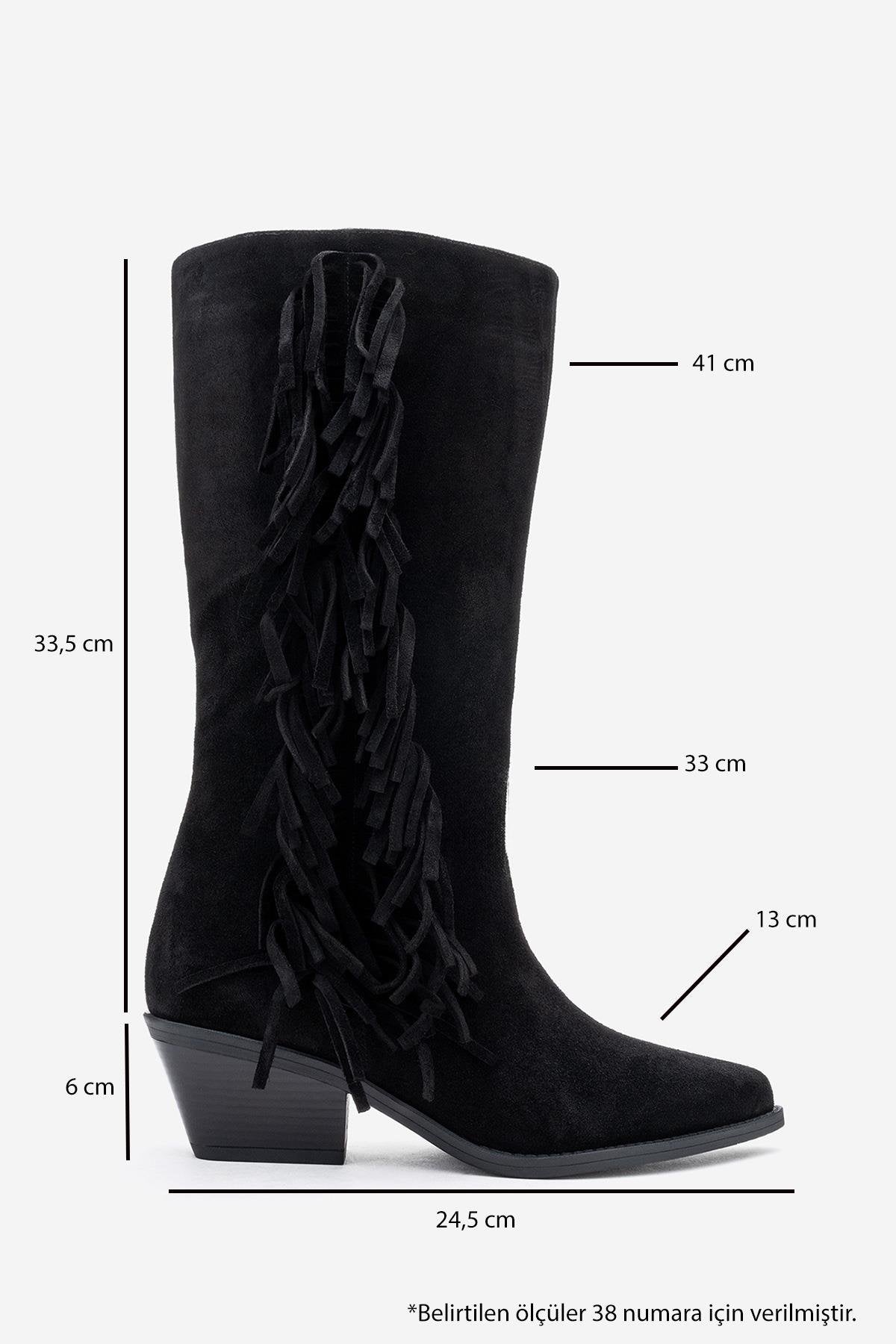 Orlo - Black Suede Genuine Leather Fringed Western Boot (Women)