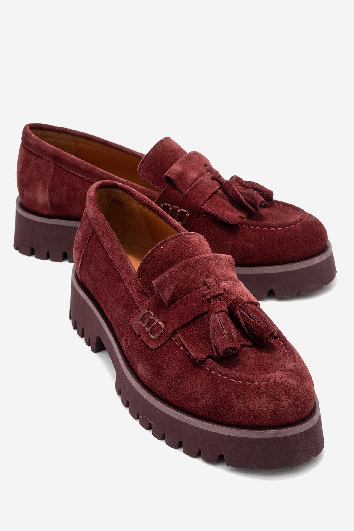 Poen - Burgundy Suede Genuine Leather Tassel Loafer (Women)