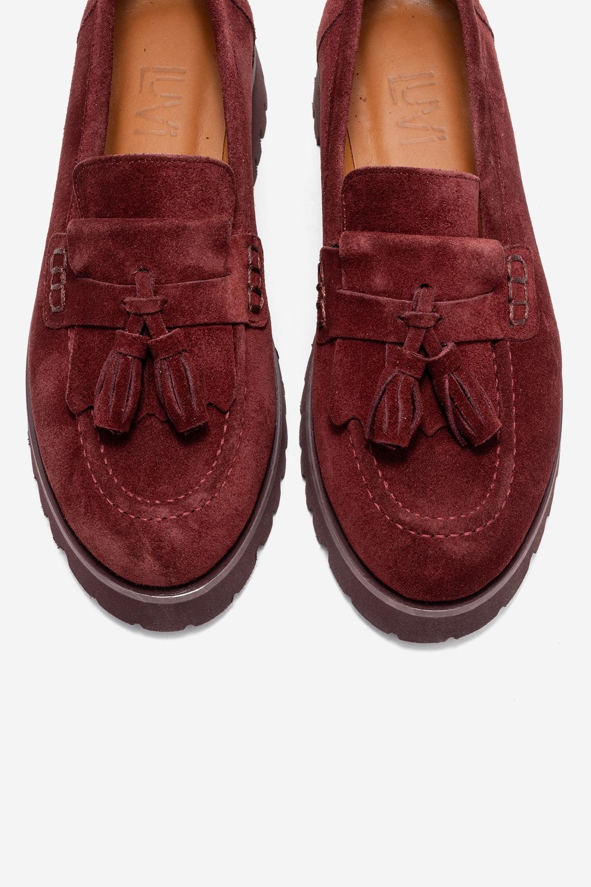 Poen - Burgundy Suede Genuine Leather Tassel Loafer (Women)