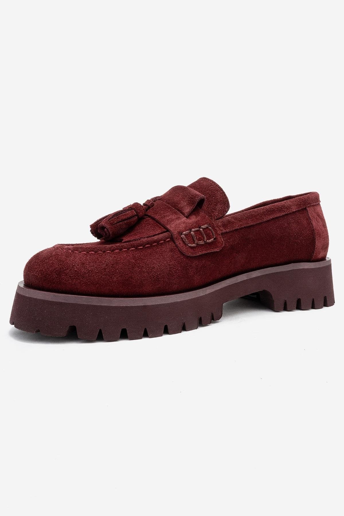 Poen - Burgundy Suede Genuine Leather Tassel Loafer (Women)
