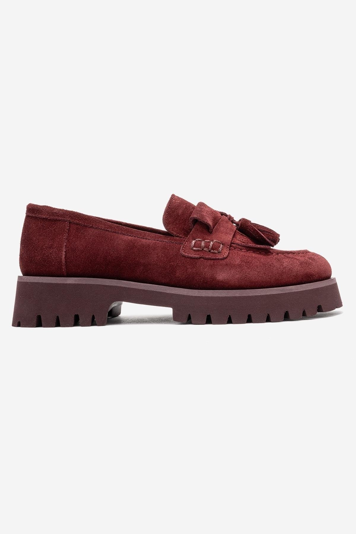 Poen - Burgundy Suede Genuine Leather Tassel Loafer (Women)