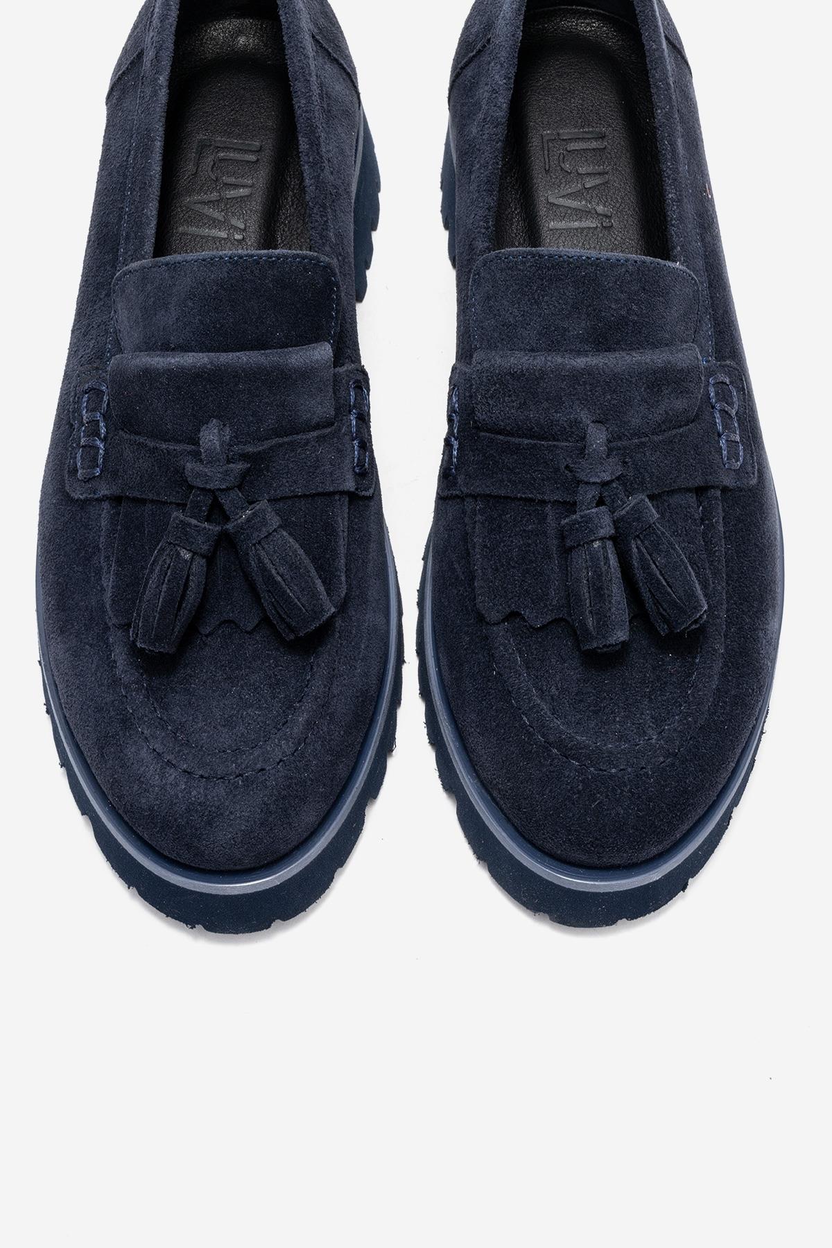 Poen - Navy Suede Genuine Leather Tassel Loafer (Women)