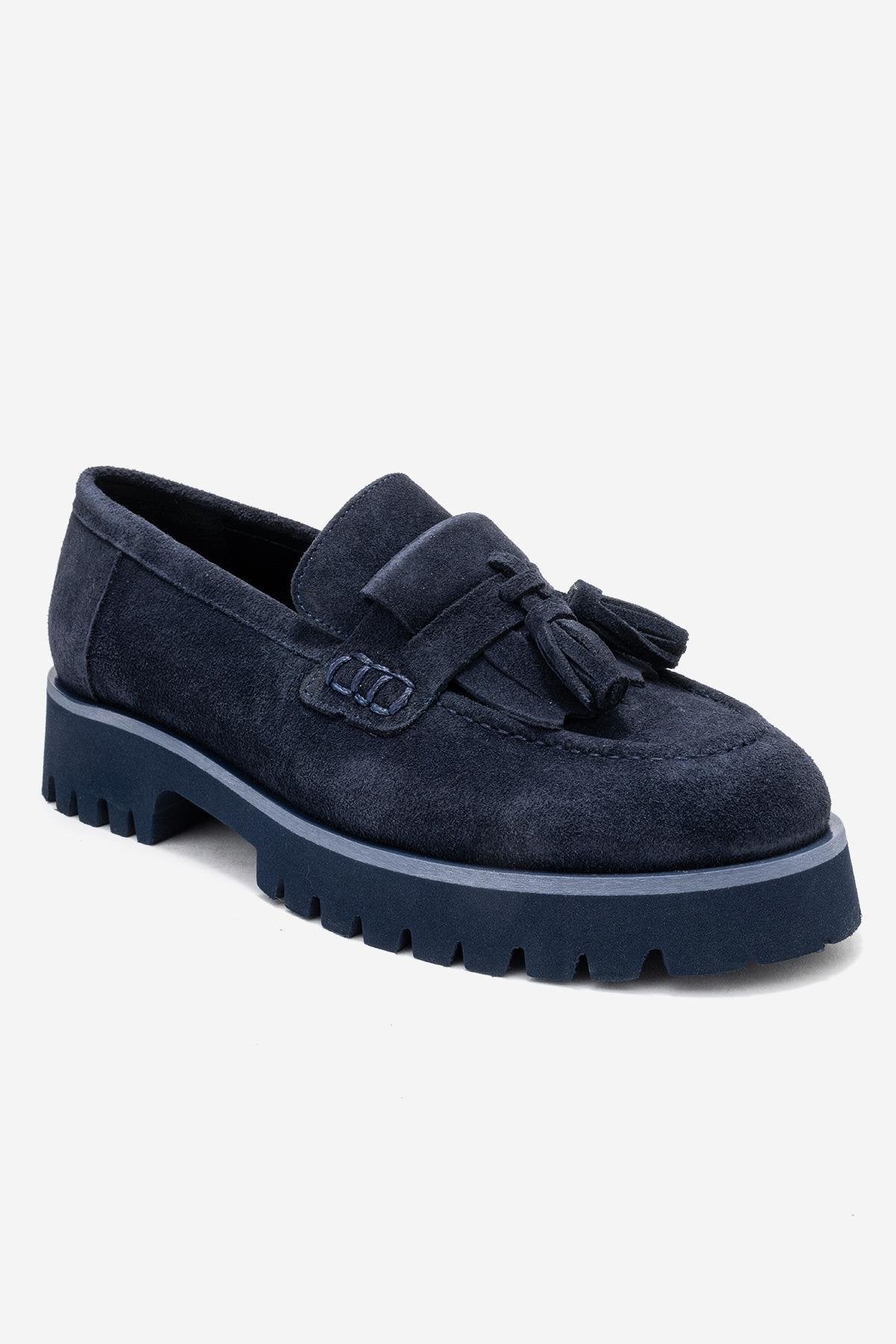 Poen - Navy Suede Genuine Leather Tassel Loafer (Women)