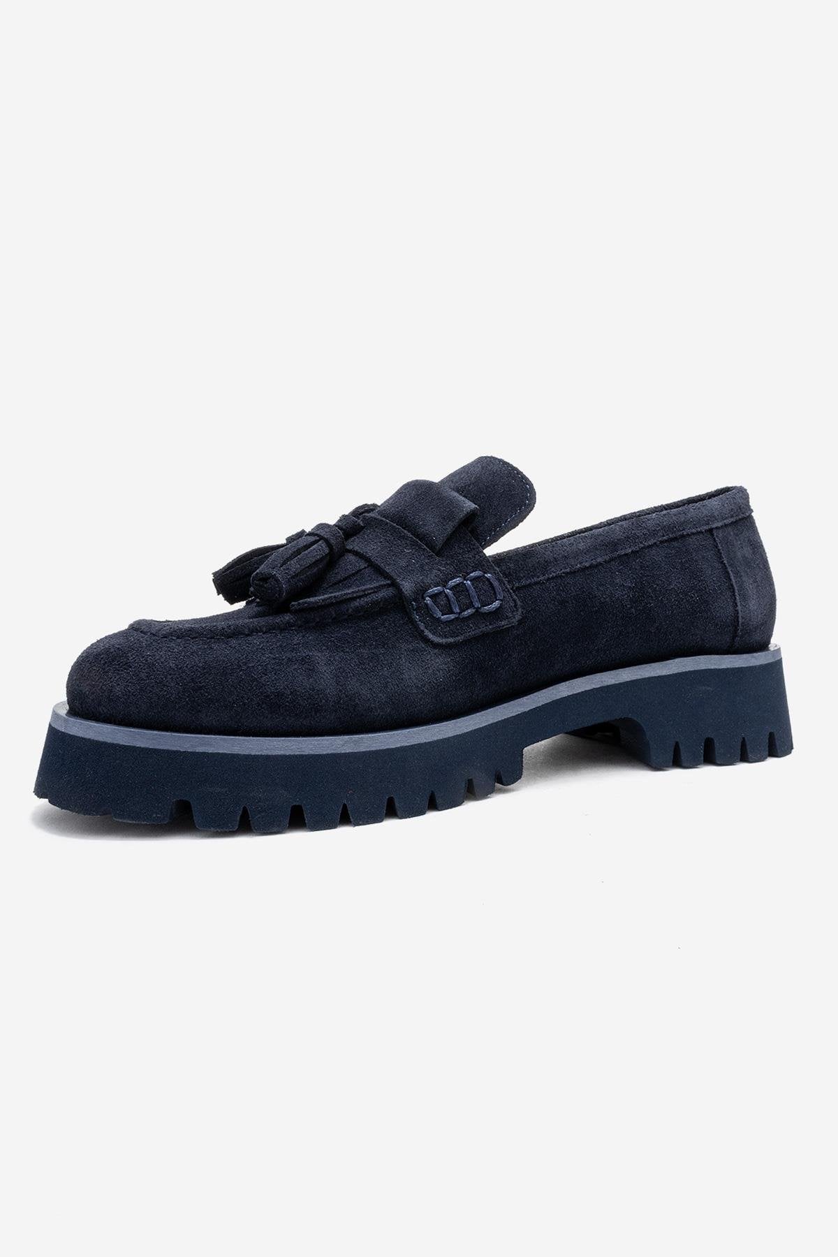 Poen - Navy Suede Genuine Leather Tassel Loafer (Women)