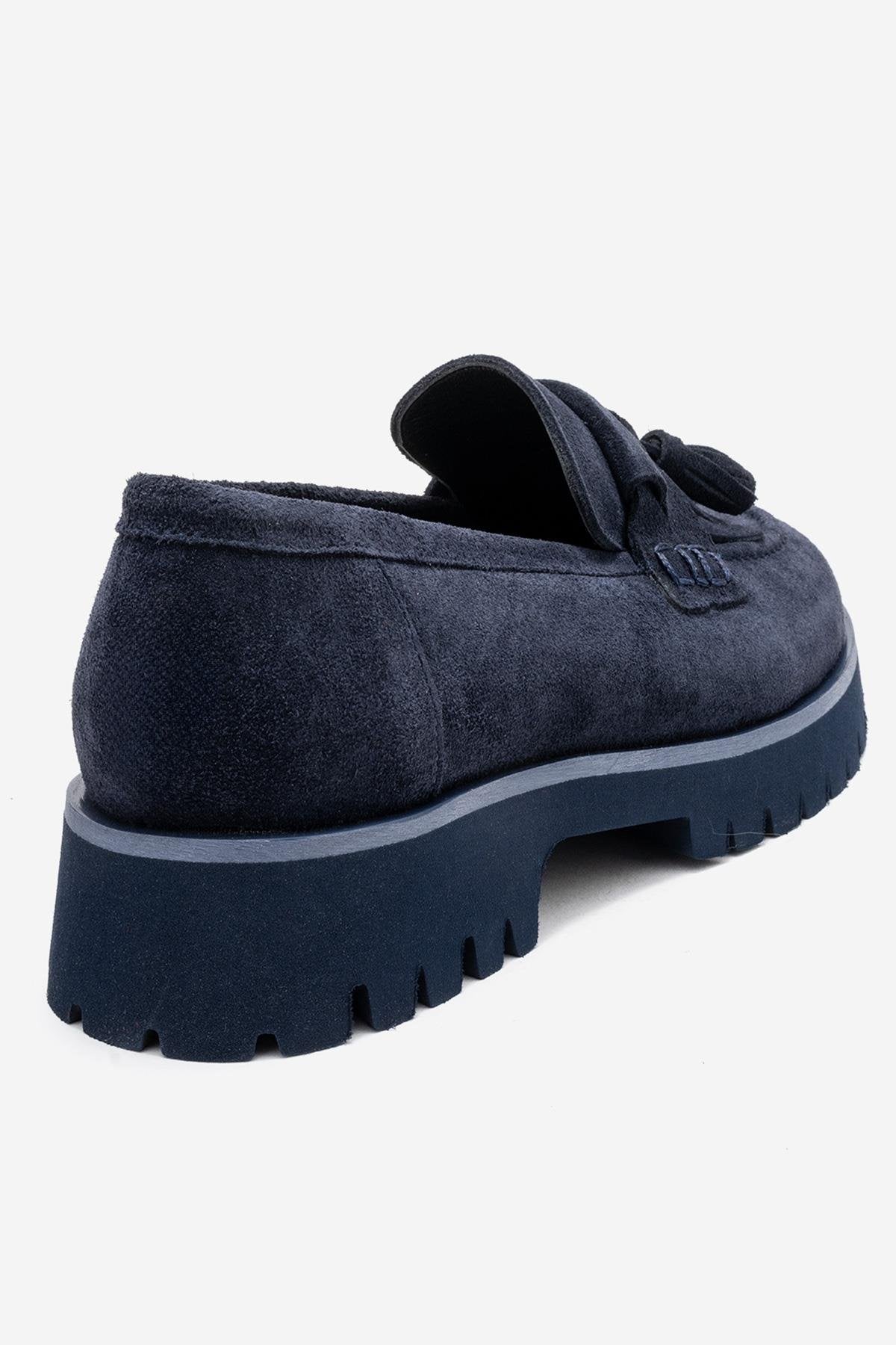 Poen - Navy Suede Genuine Leather Tassel Loafer (Women)