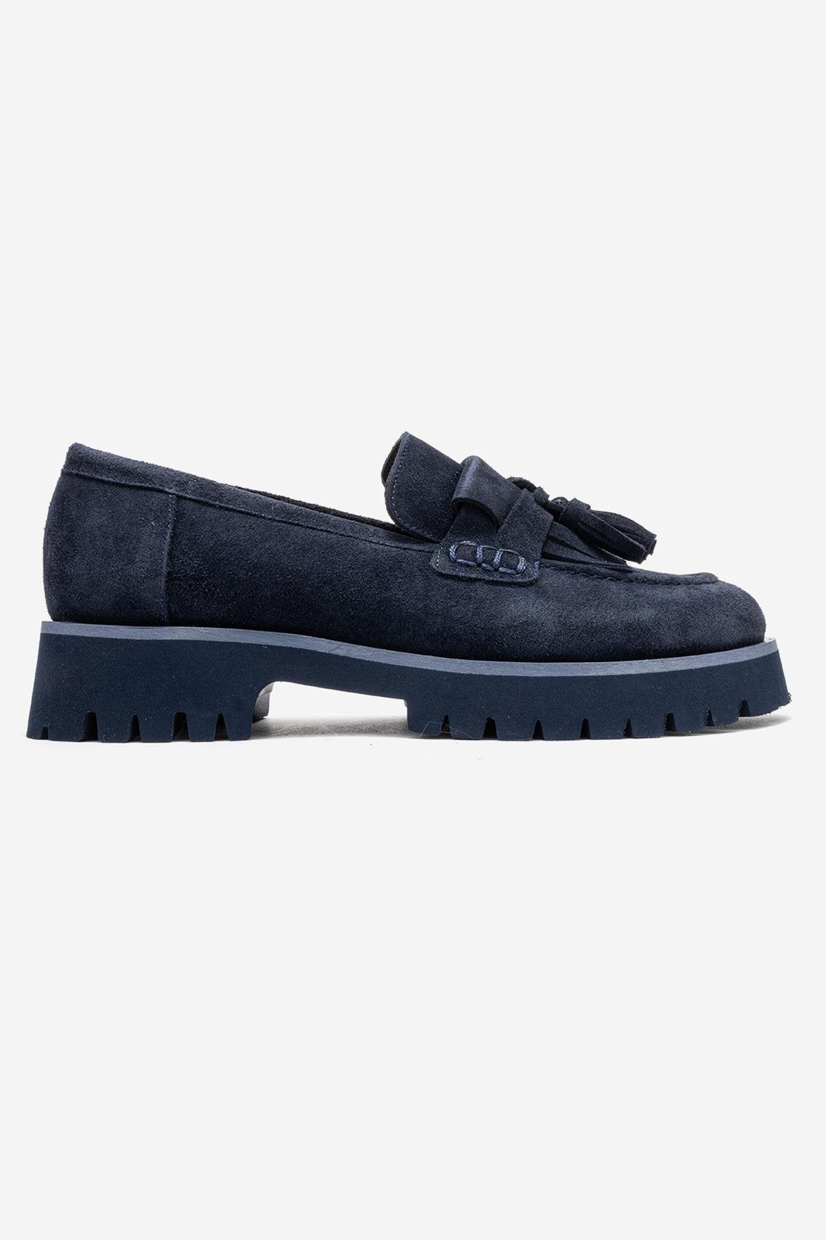 Poen - Navy Suede Genuine Leather Tassel Loafer (Women)