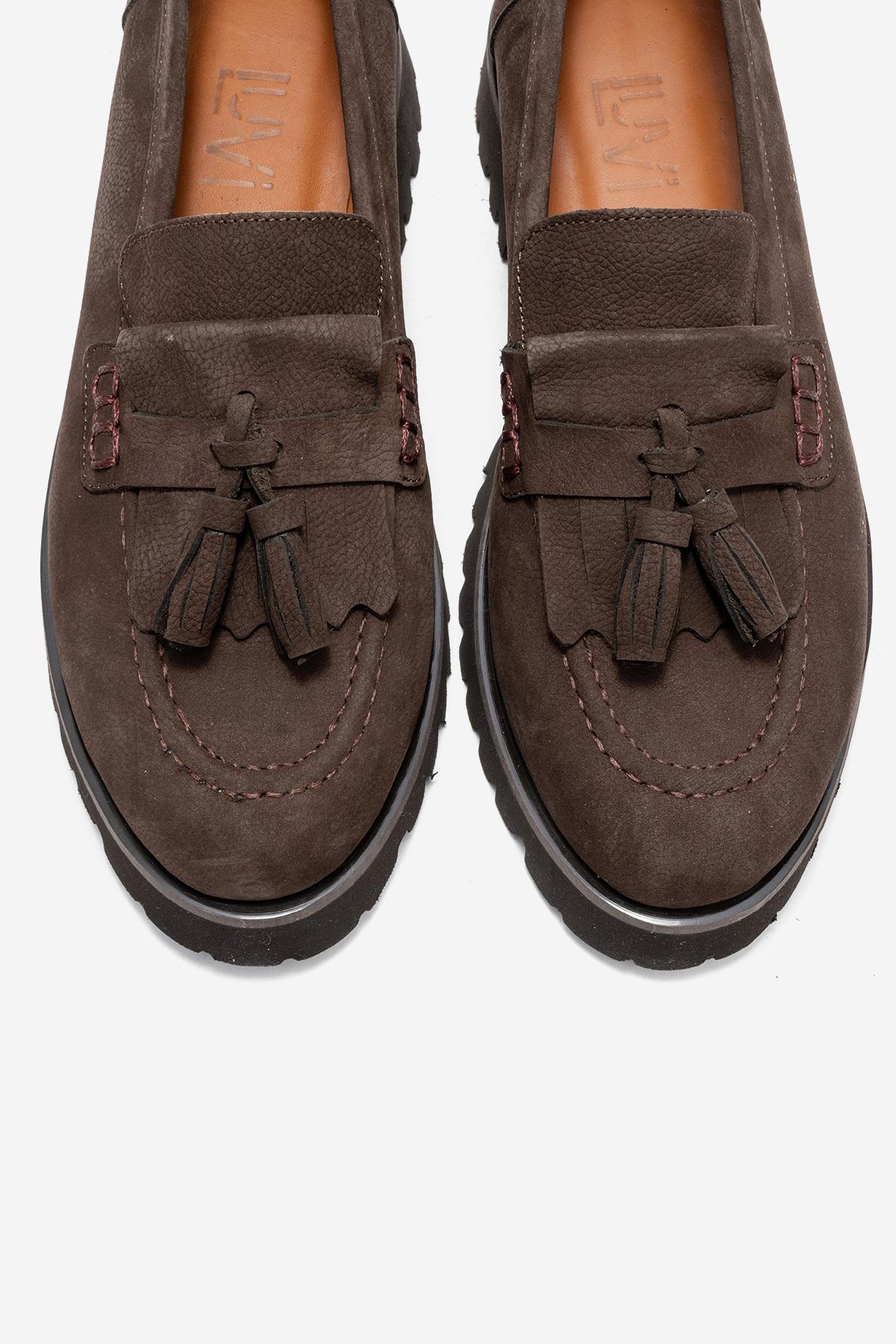 Poen - Brown Nubuck Genuine Leather Tassel Loafer (Women)