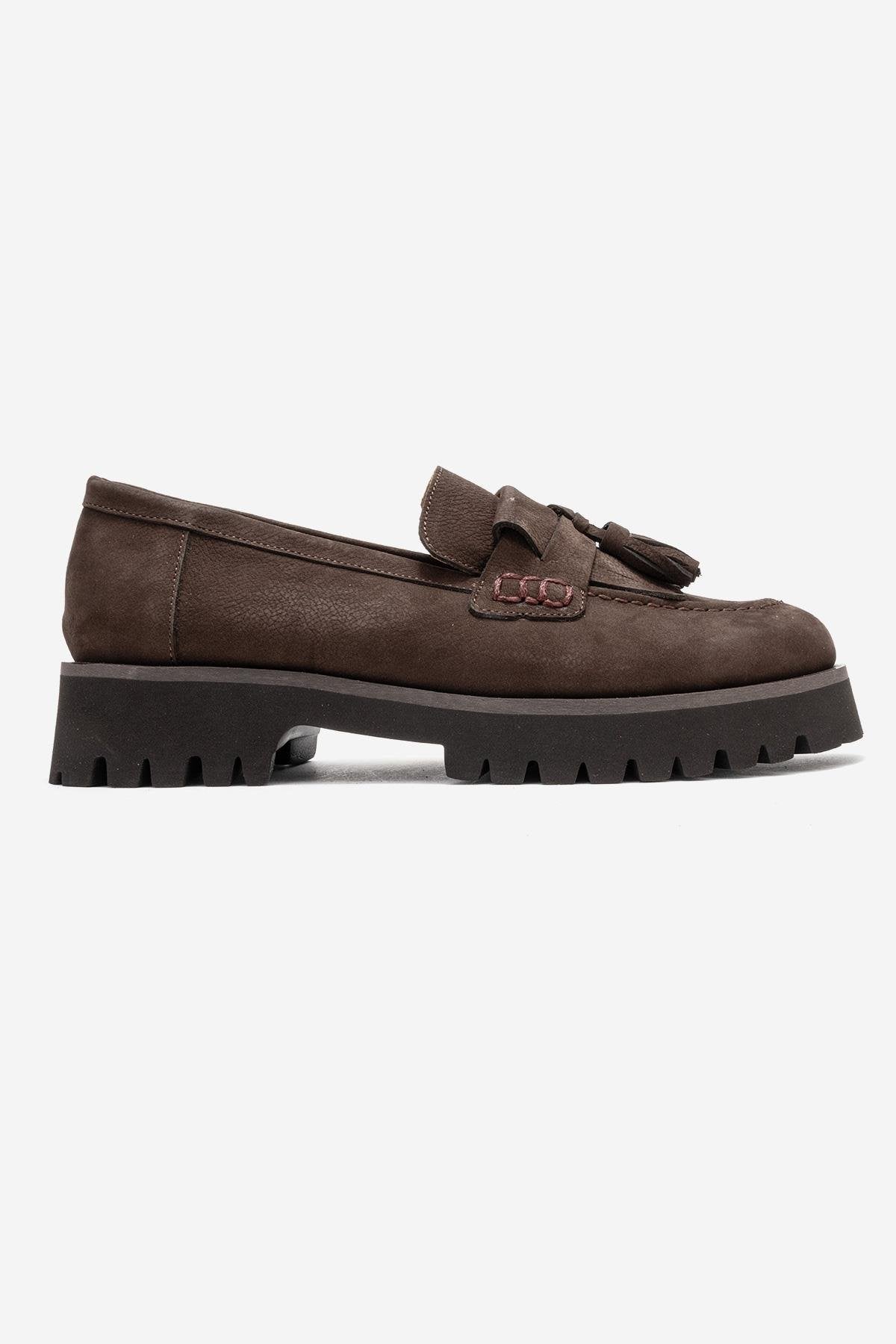 Poen - Brown Nubuck Genuine Leather Tassel Loafer (Women)