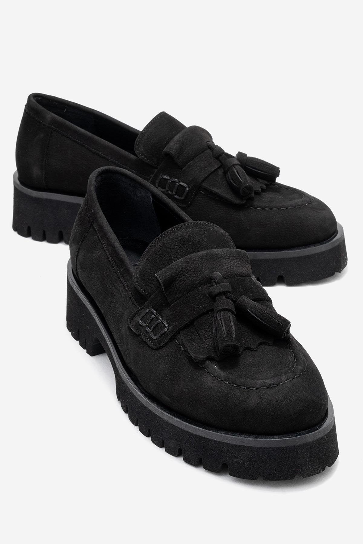 Poen - Black Nubuck Genuine Leather Tassel Loafer (Women)
