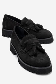 Poen - Black Nubuck Genuine Leather Tassel Loafer (Women)