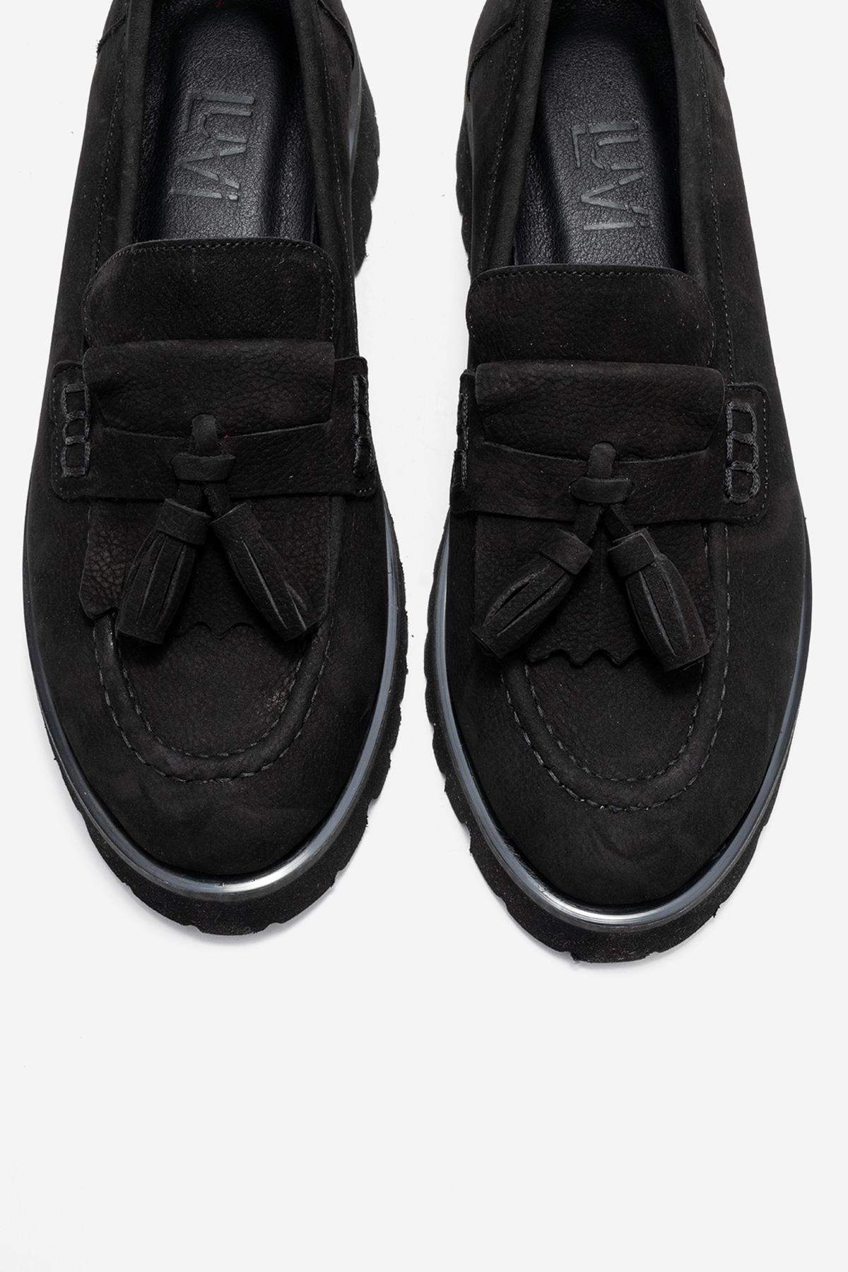Poen - Black Nubuck Genuine Leather Tassel Loafer (Women)