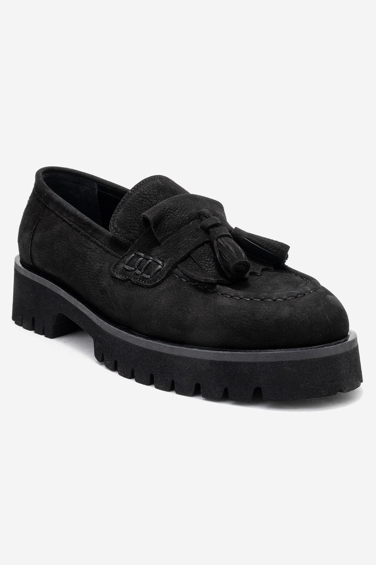 Poen - Black Nubuck Genuine Leather Tassel Loafer (Women)