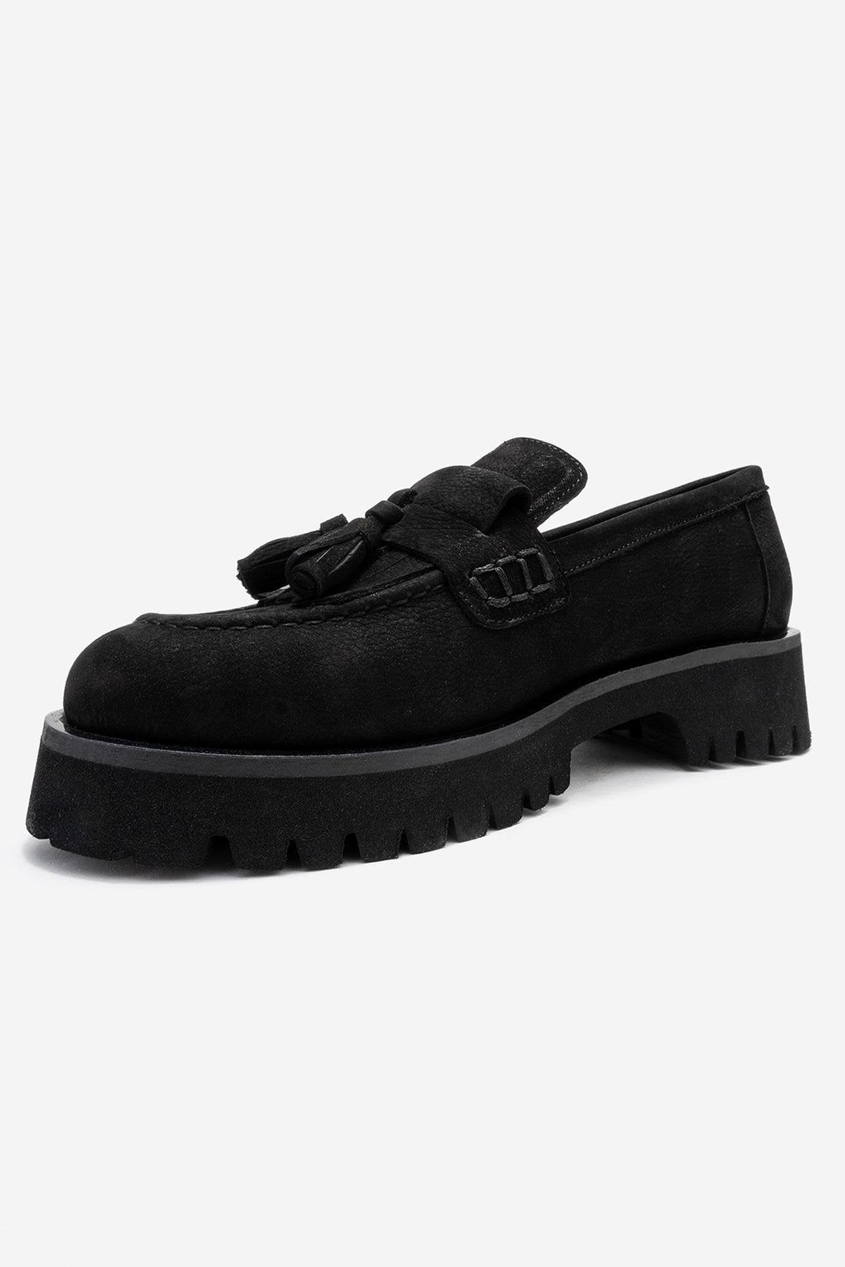 Poen - Black Nubuck Genuine Leather Tassel Loafer (Women)