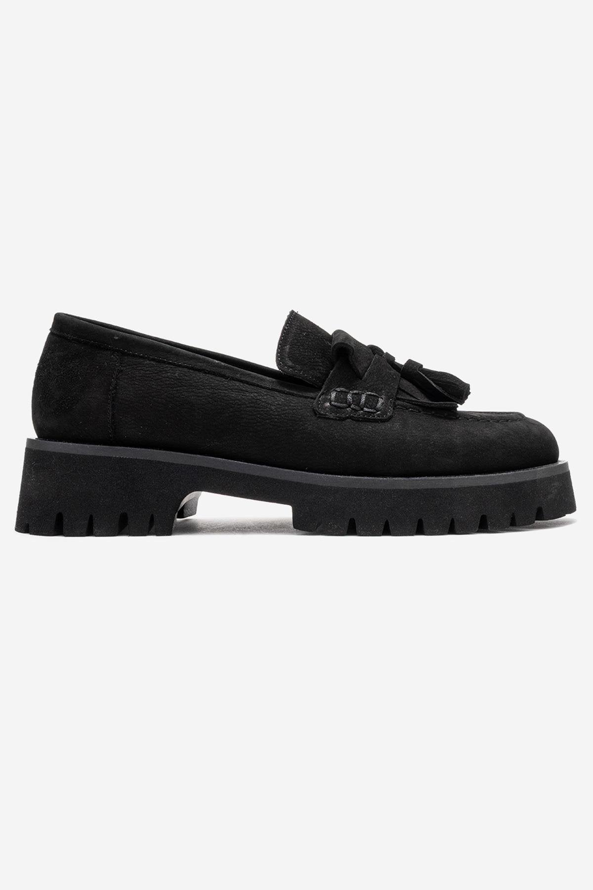 Poen - Black Nubuck Genuine Leather Tassel Loafer (Women)