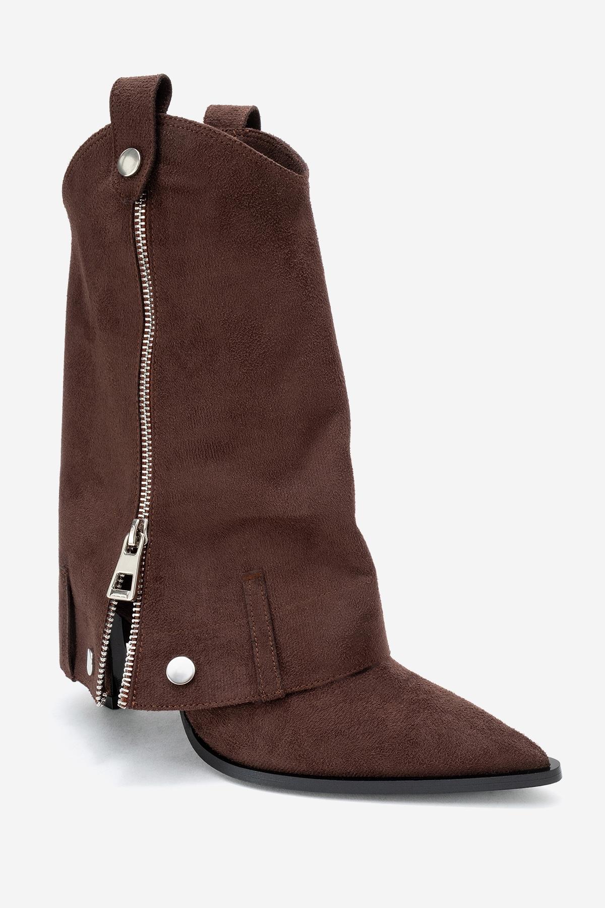 Lola - Brown Zip Pointed Toe Heeled Boot (Women)