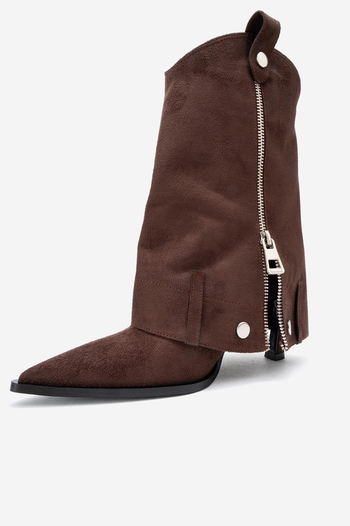 Lola - Brown Zip Pointed Toe Heeled Boot (Women)