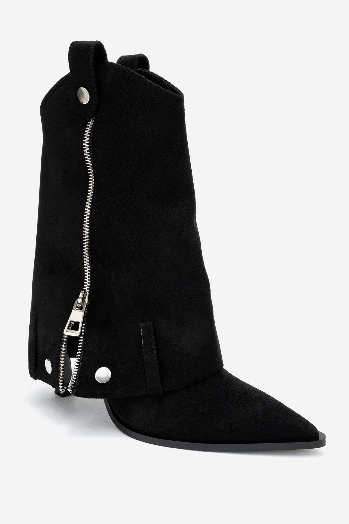 Lola - Black Zip Pointed Toe Heeled Boot (Women)
