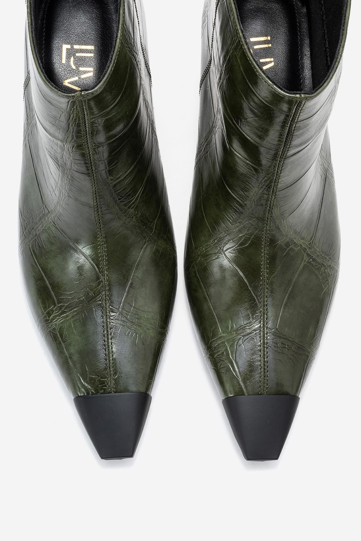 Rassel - Green Croc-Embossed Pointed Toe Stiletto Heel Ankle Boot (Women)
