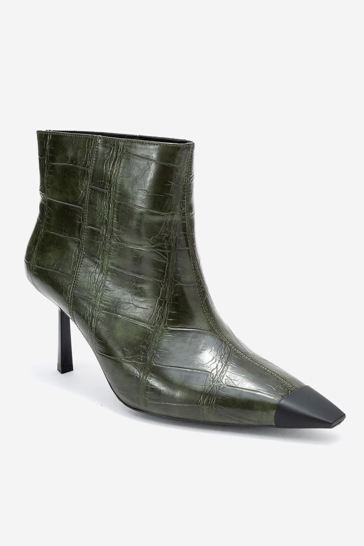 Rassel - Green Croc-Embossed Pointed Toe Stiletto Heel Ankle Boot (Women)