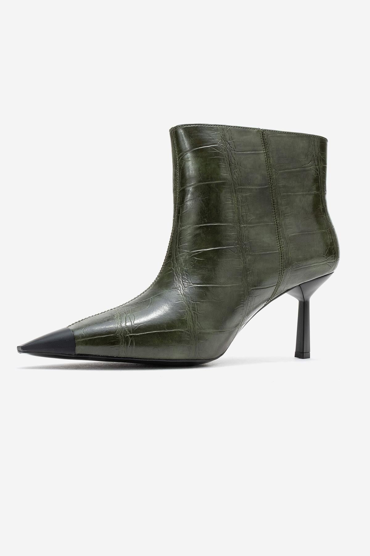 Rassel - Green Croc-Embossed Pointed Toe Stiletto Heel Ankle Boot (Women)