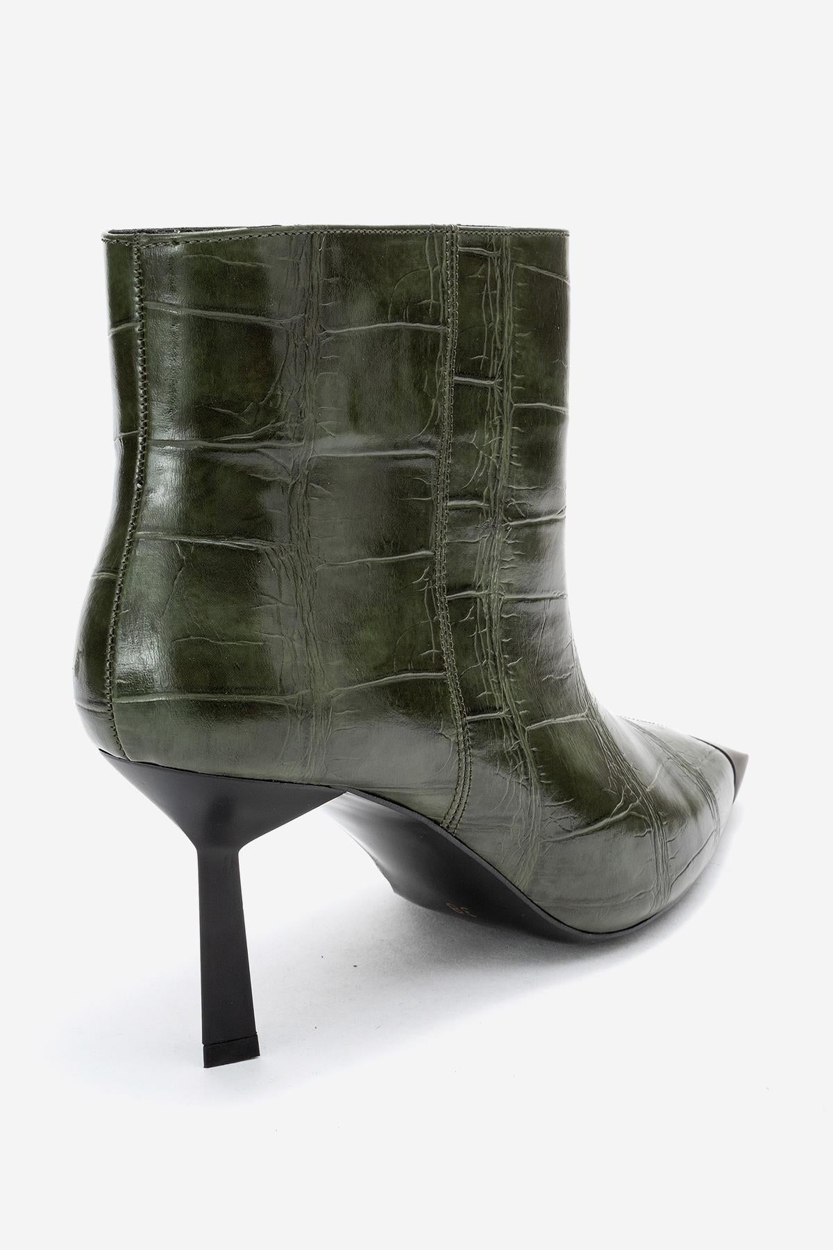 Rassel - Green Croc-Embossed Pointed Toe Stiletto Heel Ankle Boot (Women)