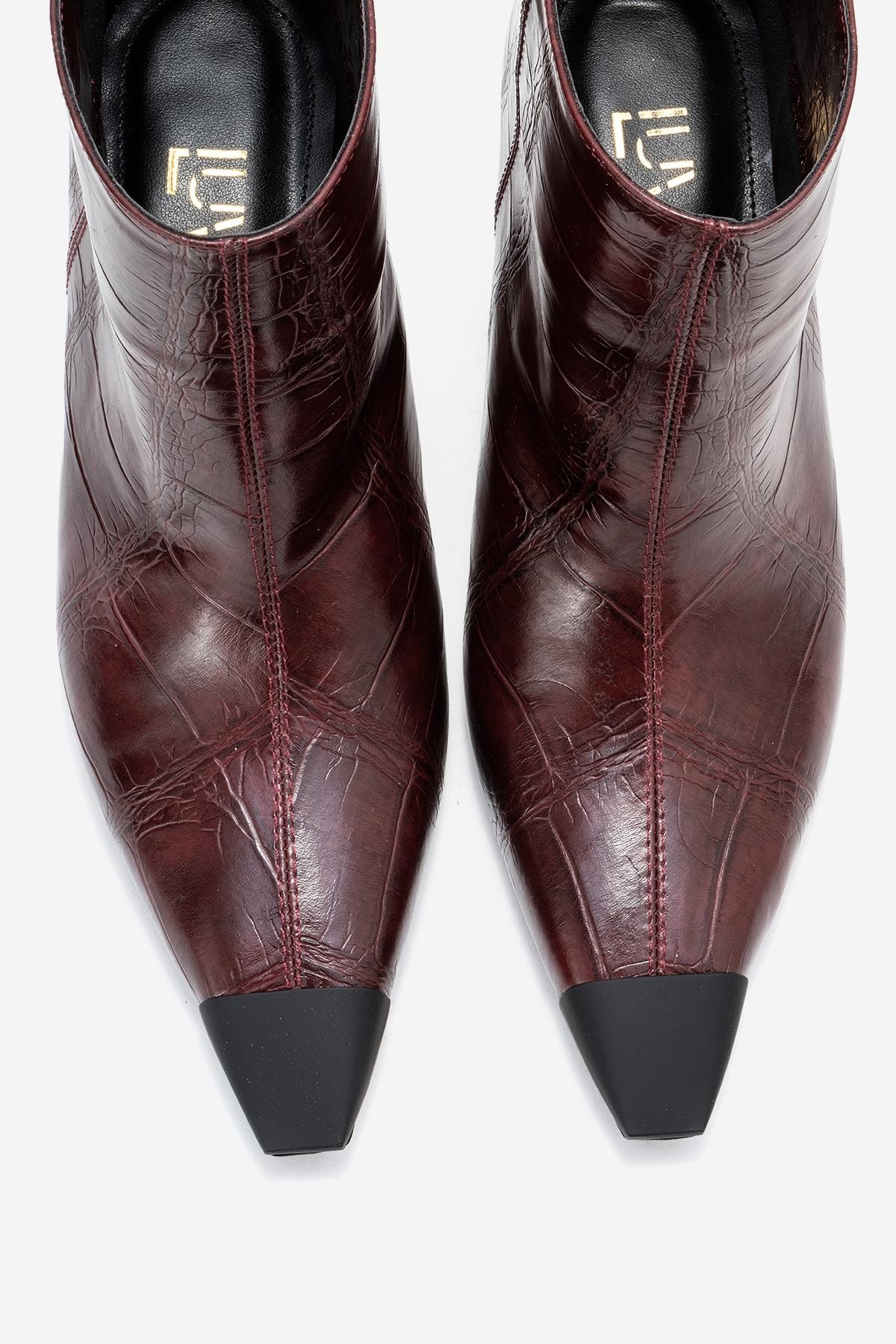 Rassel - Burgundy Croc-Embossed Pointed Toe Stiletto Heel Ankle Boot (Women)