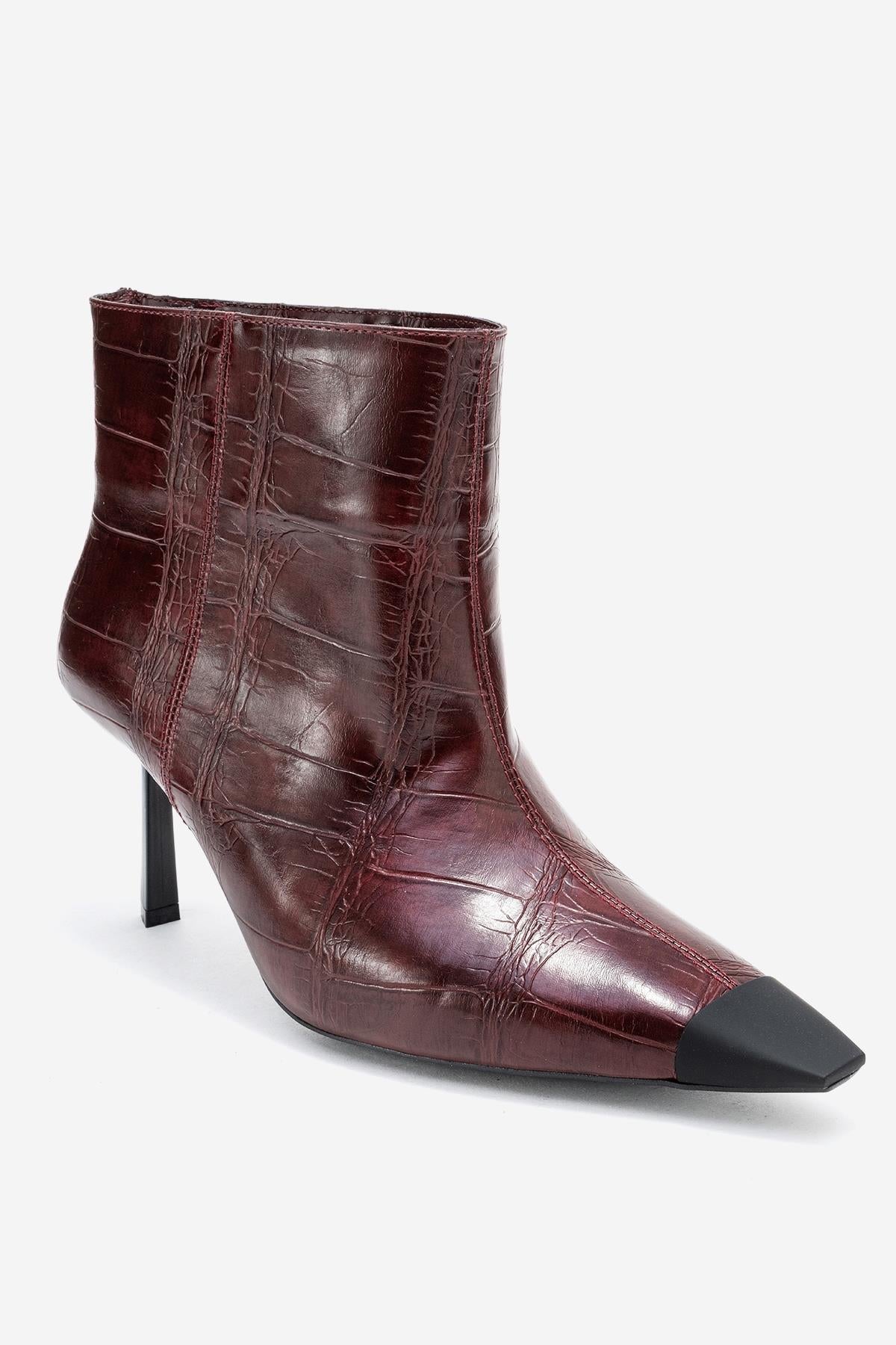 Rassel - Burgundy Croc-Embossed Pointed Toe Stiletto Heel Ankle Boot (Women)