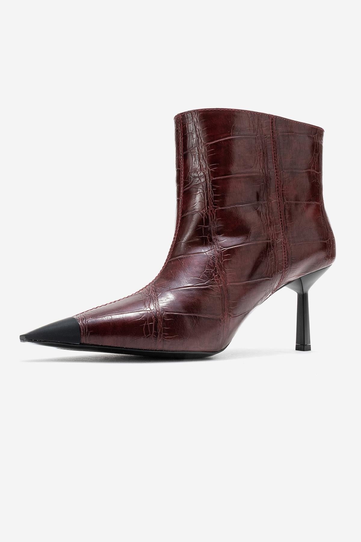 Rassel - Burgundy Croc-Embossed Pointed Toe Stiletto Heel Ankle Boot (Women)