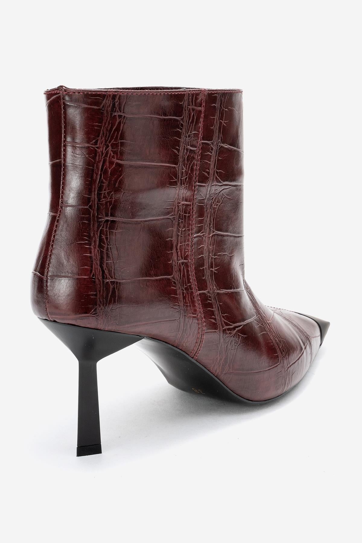 Rassel - Burgundy Croc-Embossed Pointed Toe Stiletto Heel Ankle Boot (Women)