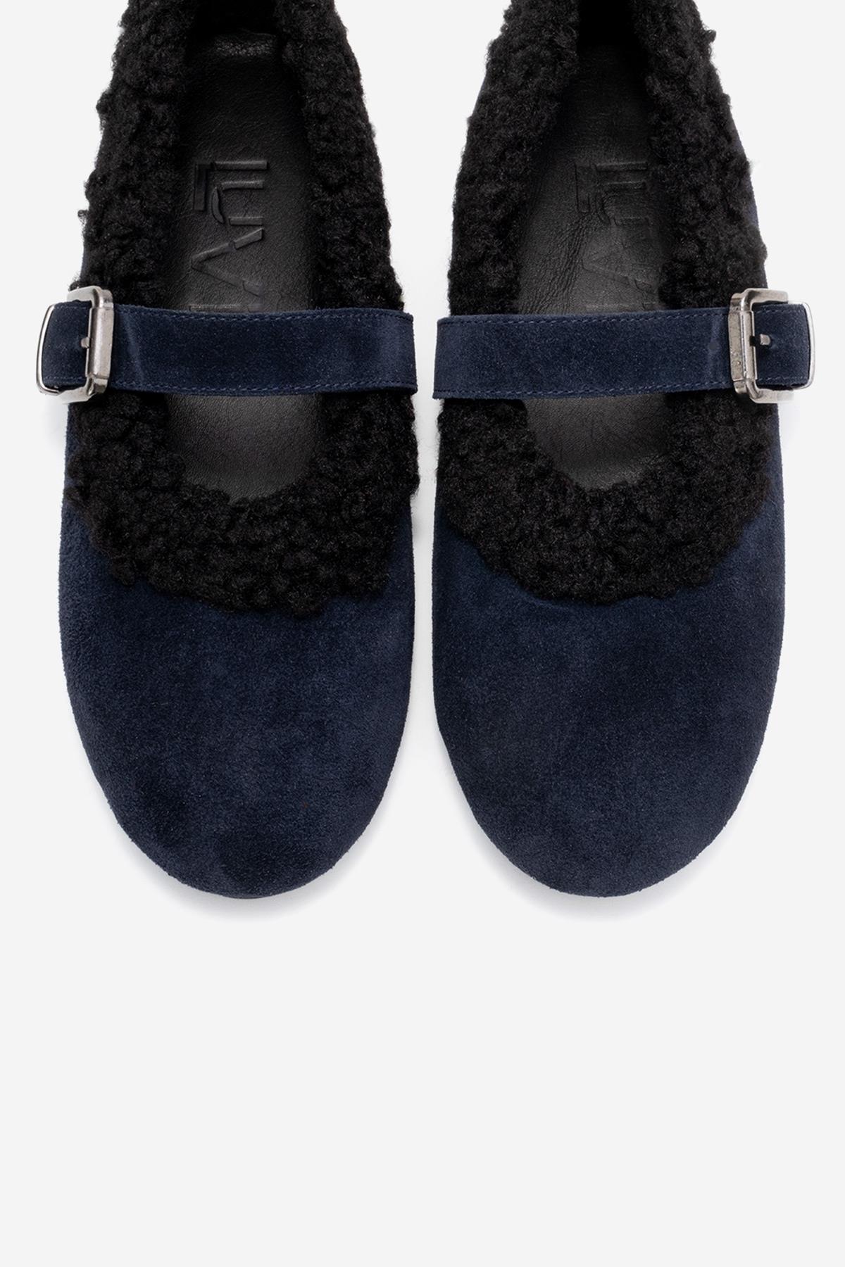Guin - Navy Suede Genuine Leather Plush-Trim Strap Ballet Flat (Women)