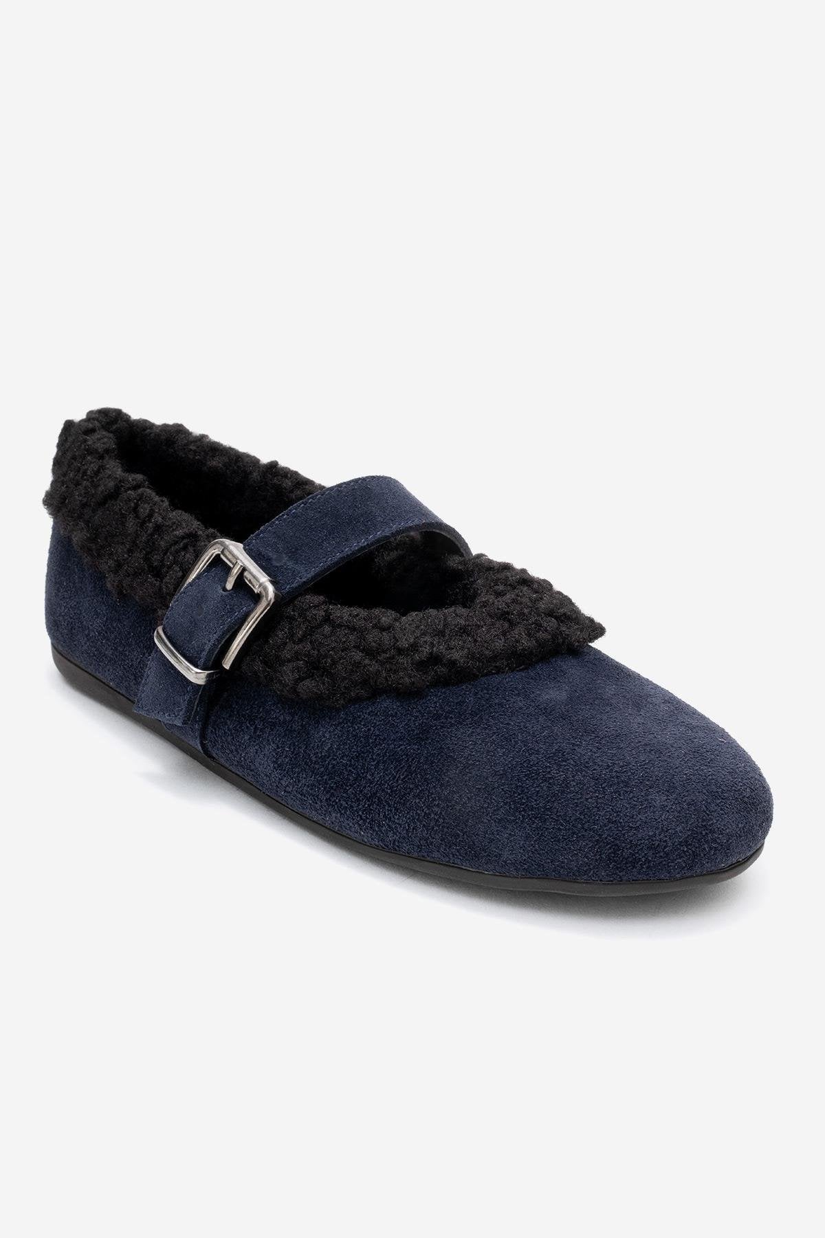 Guin - Navy Suede Genuine Leather Plush-Trim Strap Ballet Flat (Women)