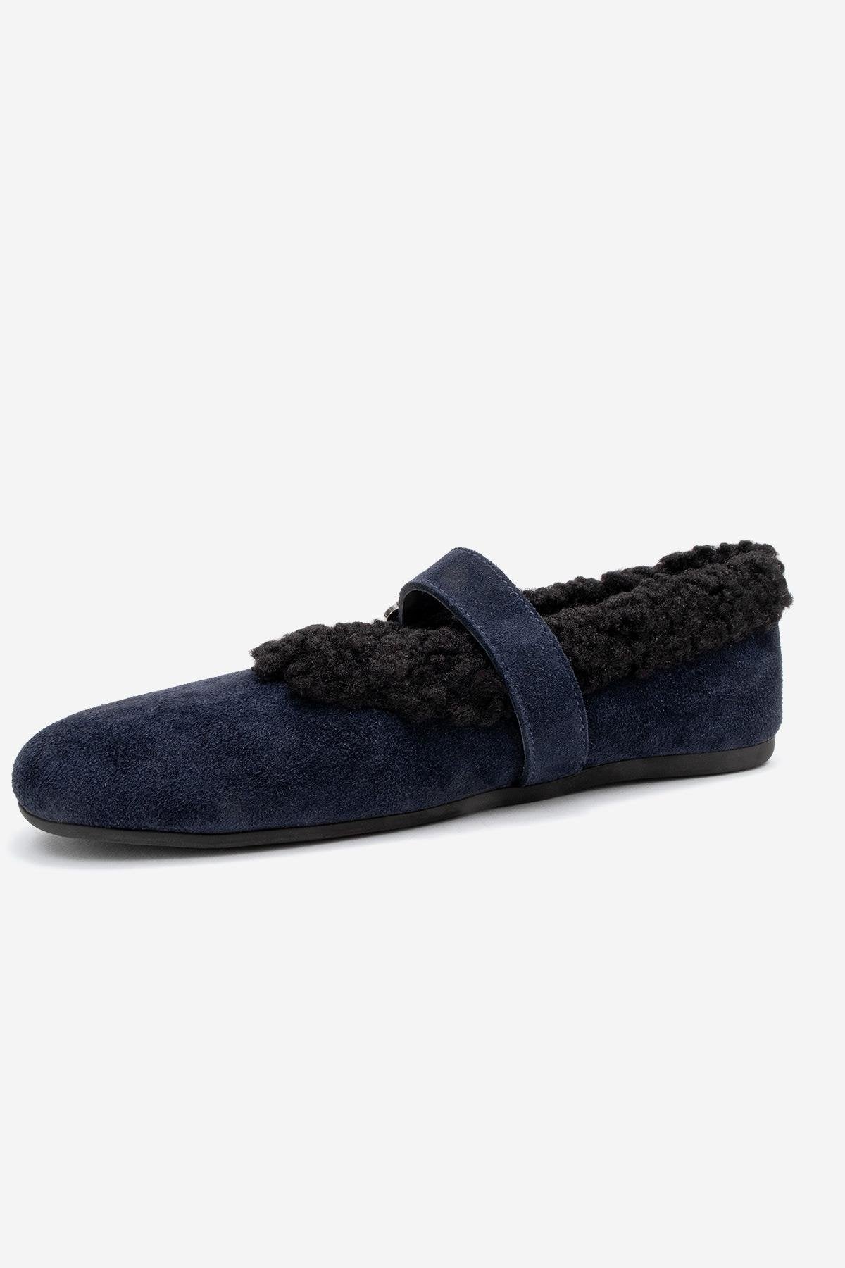 Guin - Navy Suede Genuine Leather Plush-Trim Strap Ballet Flat (Women)