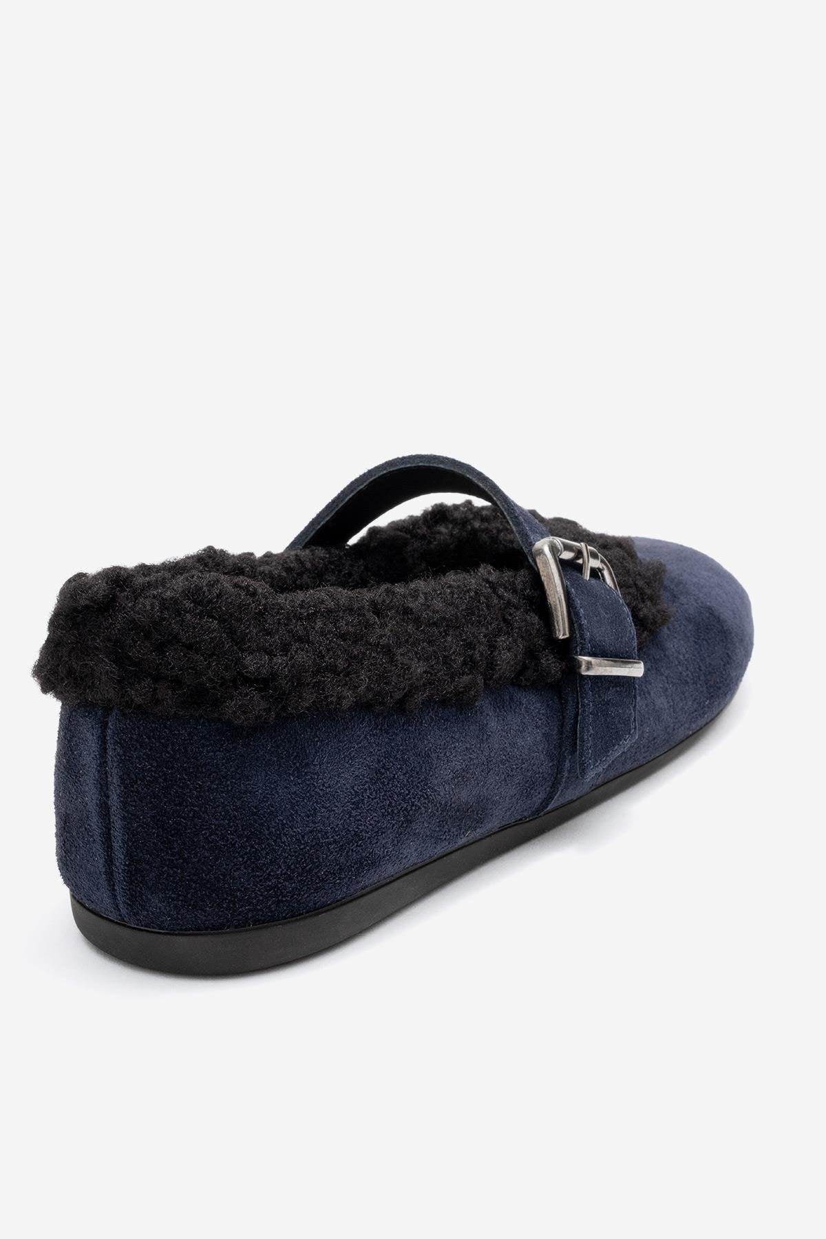 Guin - Navy Suede Genuine Leather Plush-Trim Strap Ballet Flat (Women)