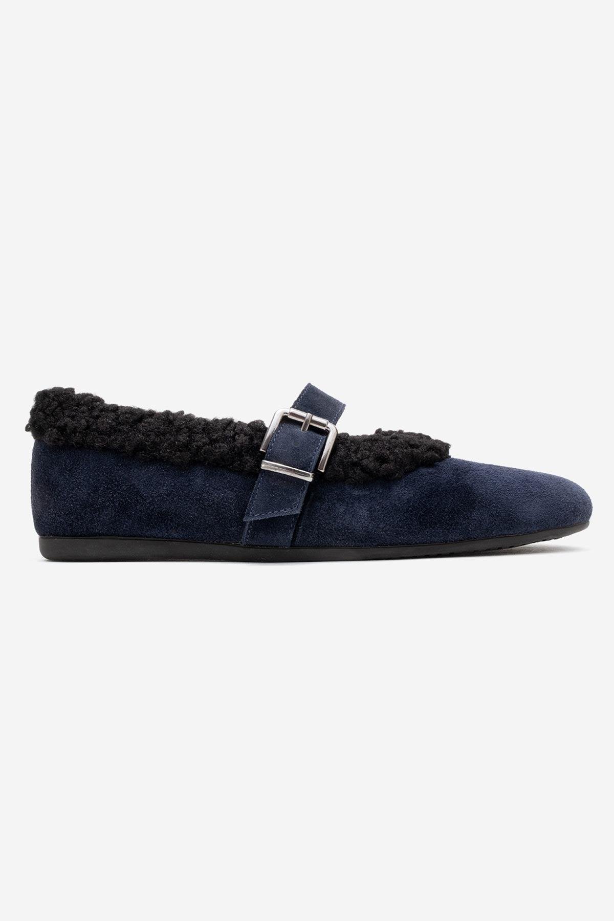 Guin - Navy Suede Genuine Leather Plush-Trim Strap Ballet Flat (Women)