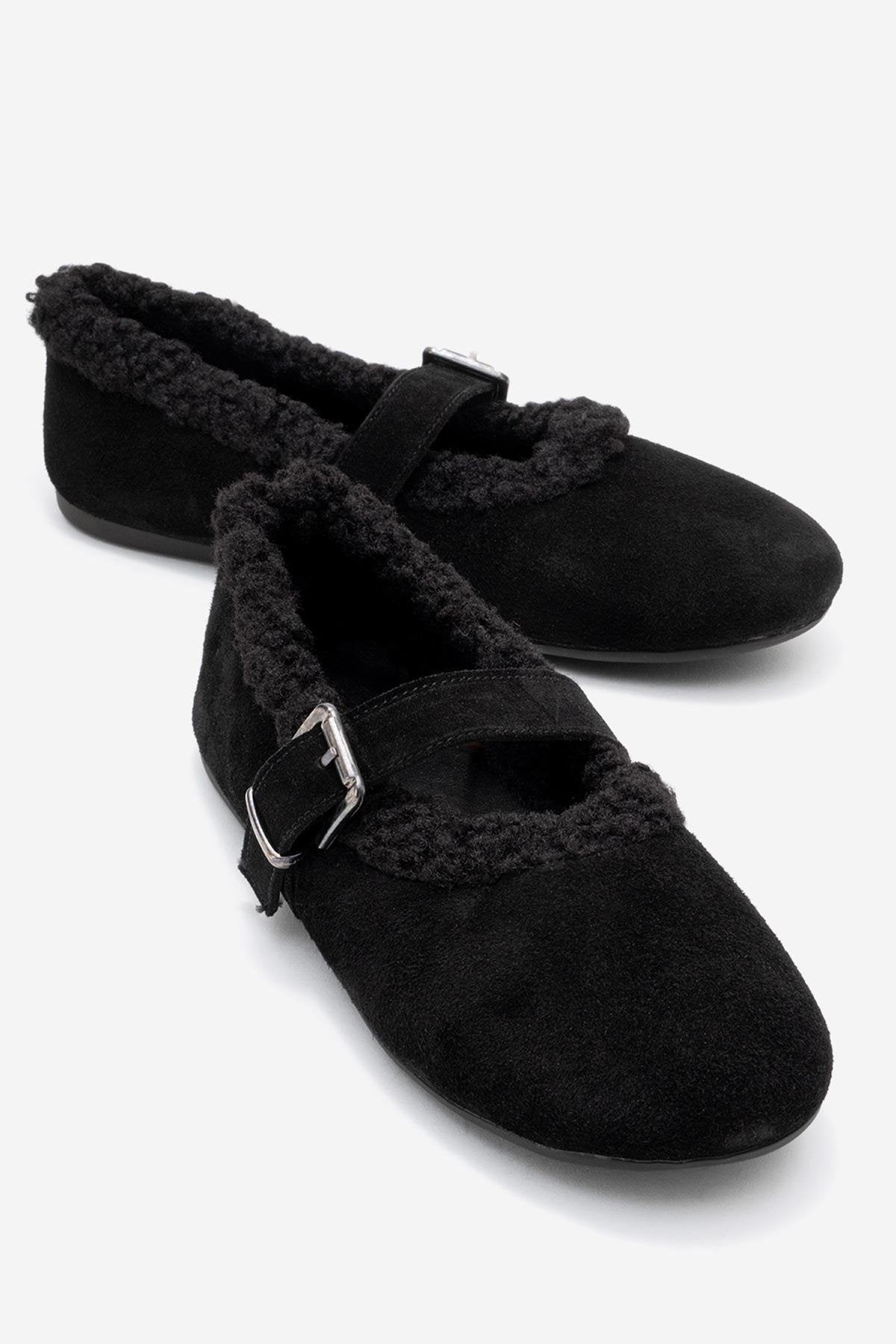 Guin - Black Suede Genuine Leather Plush-Trim Strap Ballet Flat (Women)