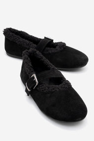 Guin - Black Suede Genuine Leather Plush-Trim Strap Ballet Flat (Women)