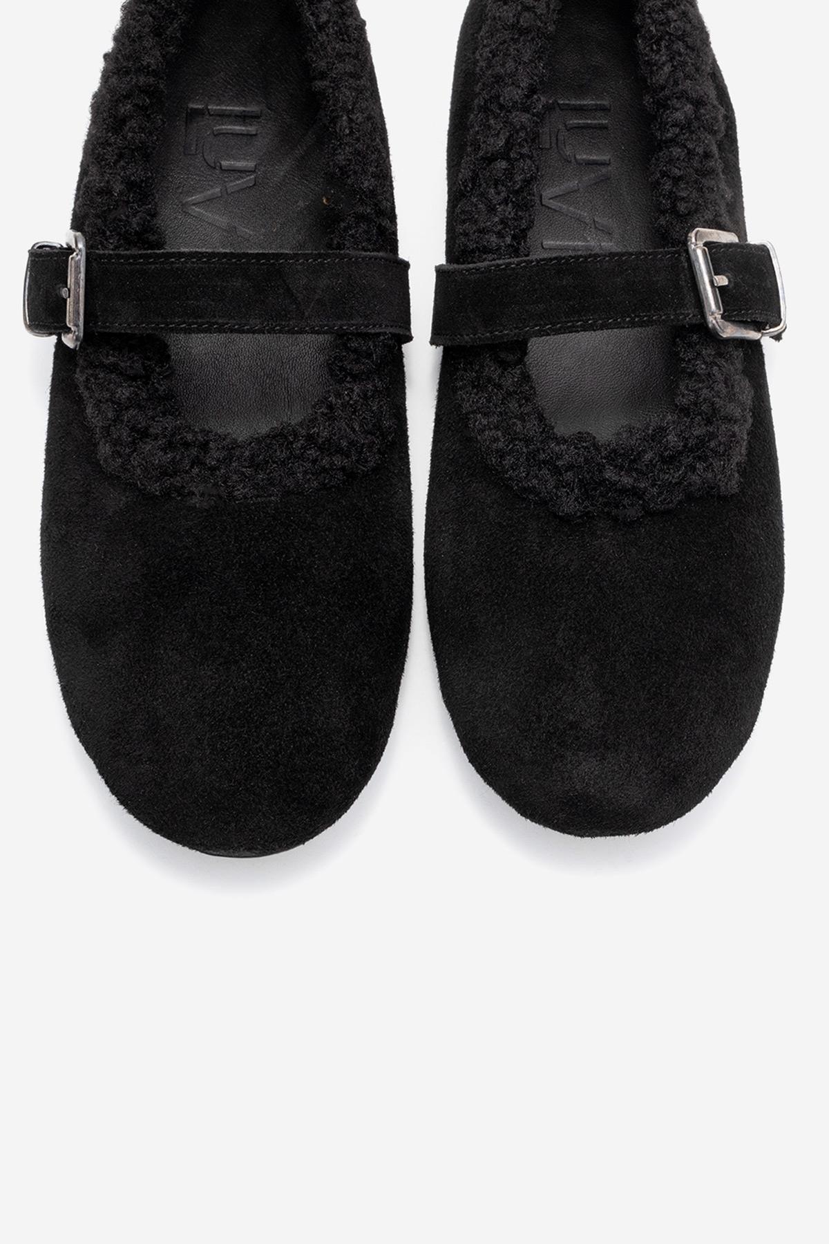 Guin - Black Suede Genuine Leather Plush-Trim Strap Ballet Flat (Women)