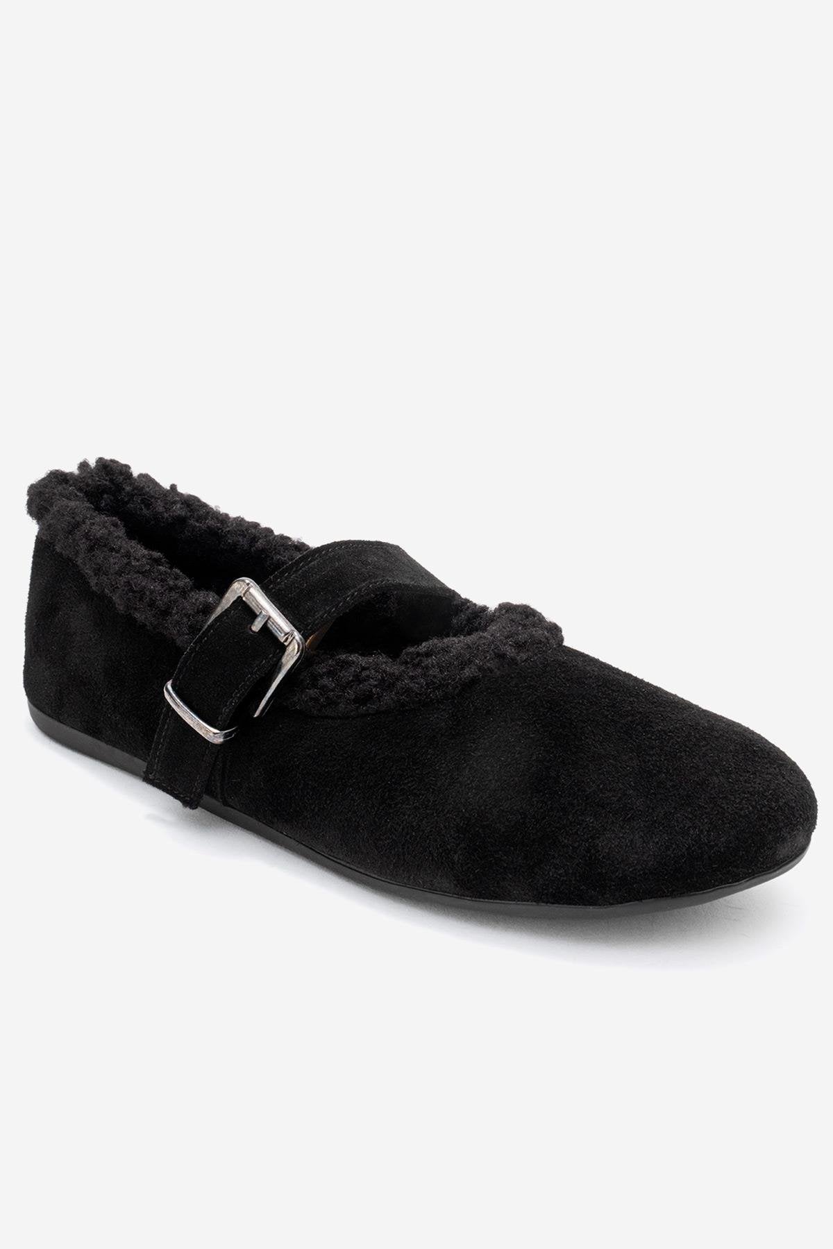 Guin - Black Suede Genuine Leather Plush-Trim Strap Ballet Flat (Women)