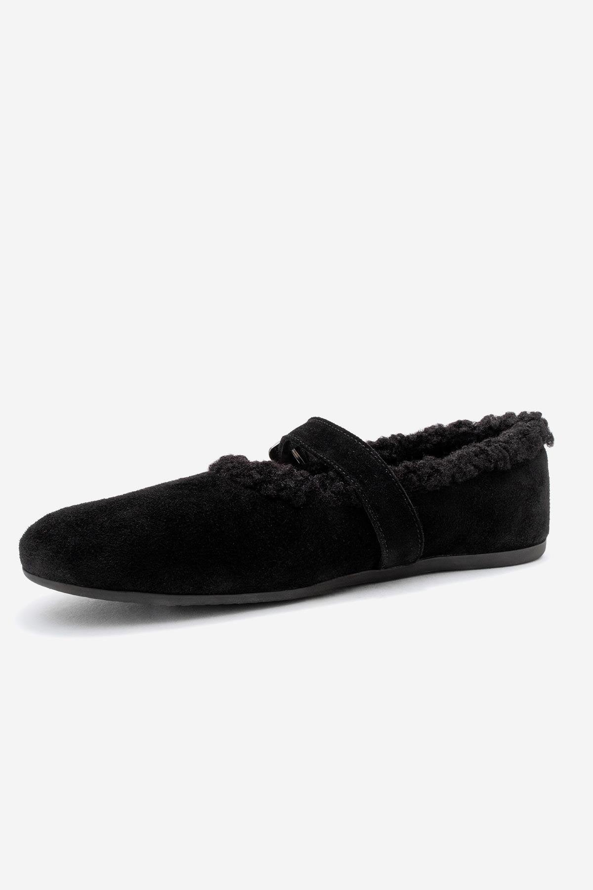 Guin - Black Suede Genuine Leather Plush-Trim Strap Ballet Flat (Women)