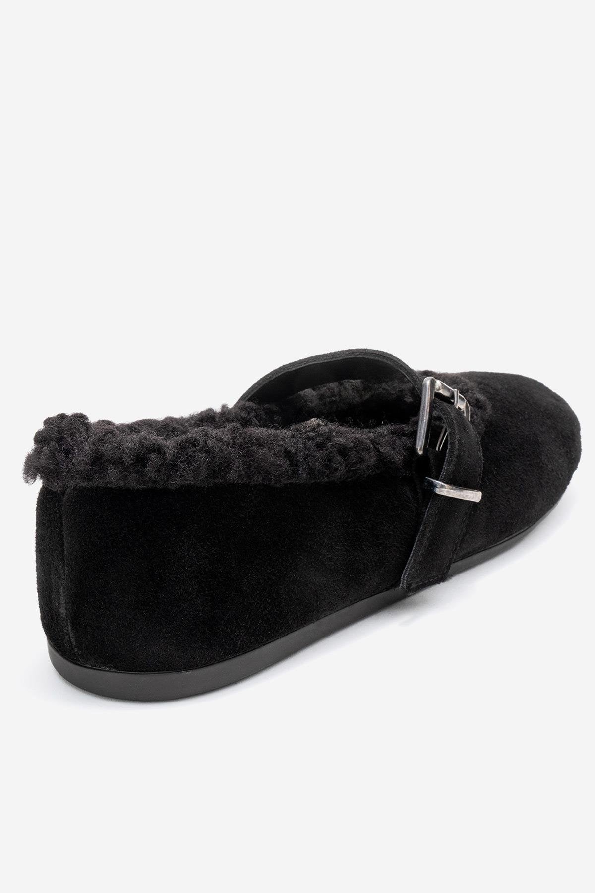 Guin - Black Suede Genuine Leather Plush-Trim Strap Ballet Flat (Women)