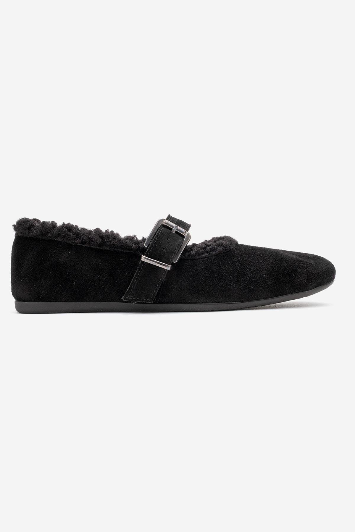 Guin - Black Suede Genuine Leather Plush-Trim Strap Ballet Flat (Women)