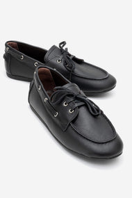 Serelis - Black Genuine Leather Lace-Up Loafer (Women)