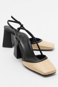 Rivie - Black Raffia Round Toe Chunky Heel Shoe (Women)