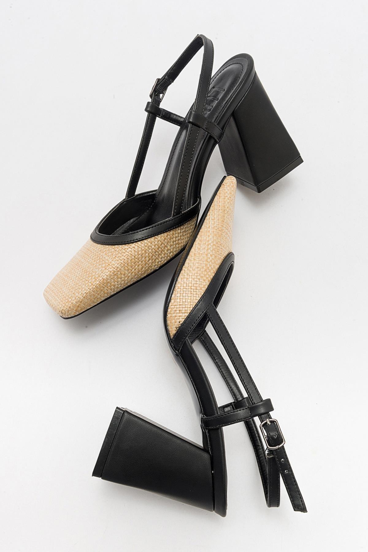 Rivie - Black Raffia Round Toe Chunky Heel Shoe (Women)